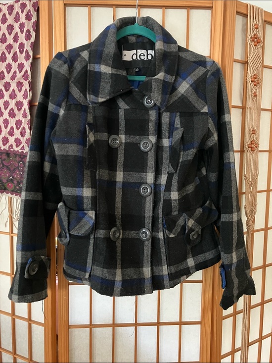 Deb Jackets & Blazers - Deb Black, Gray & Blue Plaid Double-Breasted Pea Coat - MISSING BUTTONS